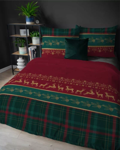 5620 B Magia Świąt Detexpol Pościel świąteczna flanelowa czerwona z reniferami i kratą– bawełna 100%, certyfikat OEKO-TEX®