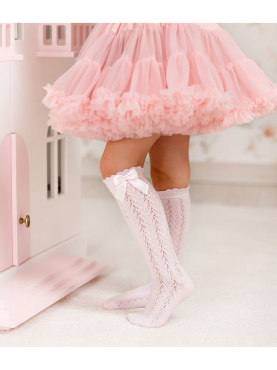 Dziecięce podkolanówki ażurowe z kokardką 1382 – Milena, Pudrowy Róż
