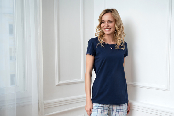 Piżama Damska krótki rękaw, długie spodnie Glamour Italian Fashion - granatowy/druk