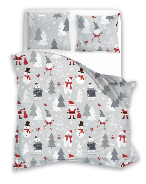 Scandic 079 Scandic Faro szara z Mikołajami – pościel świąteczna dwustronna, bawełna 100%, komplet