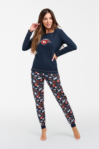 Piżama Damska długi rękaw, długie spodnie Makala Italian Fashion - granat/druk 