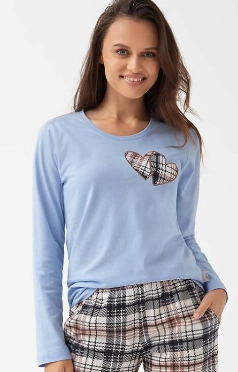 Luna 322 niebieska – bawełniana piżama damska, serduszka i spodnie w kratkę