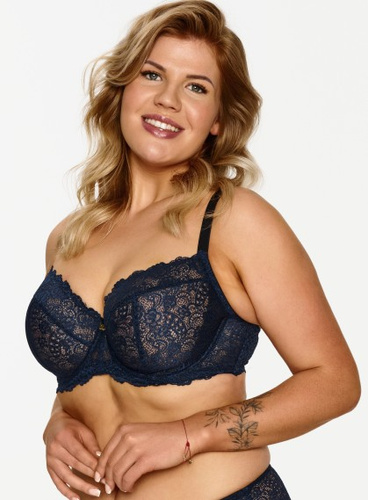 Granatowy biustonosz Lupoline 2619 – koronka, fiszbiny, złoty detal