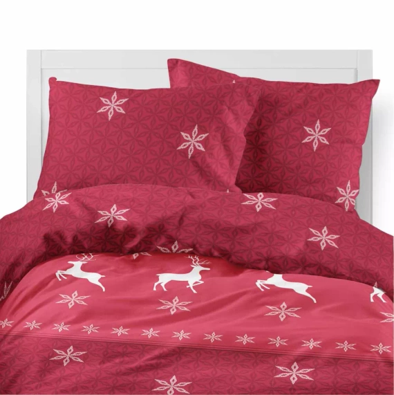 5621 A Magia Świąt Detexpol Pościel świąteczna flanelowa czerwona w renifery i śnieżynki – bawełna 100%, certyfikat OEKO-TEX®