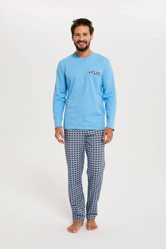 Piżama Męska długi rękaw, długie spodnie Jaromir Italian Fashion - niebieski/druk