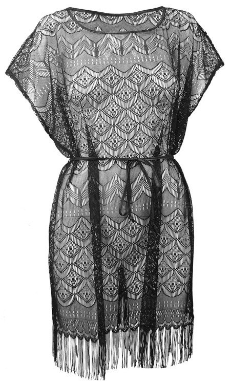 Pareo plażowe z koronką i frędzlami ANAIS 318 De Lafense – stylowa narzutka na lato | Polska produkcja