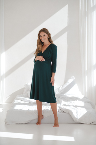 Bambusowa koszula nocna ciążowa i do karmienia Star Light 7/8 Milk&Love butelkowa zieleń– elegancka, oddychająca, idealna do szpitala