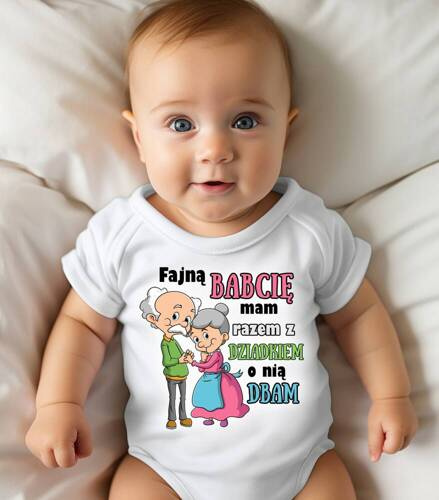 Body krótki rękaw "Fajną babcię mam razem z dziadkiem o nią dbam" Moocha biały