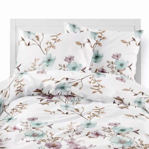 5635 B Detexpol Pastel Flowers biała w kwiaty pudrowe i błękitne pościel flanelowa bawełniana, miękka i przytulna