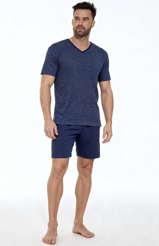 Piżama Piżama Various 330/50 Cornette – Męska Piżama Bawełniana z Koszulką w Paski i Jednolitymi Szortamikrótki rękaw, spodenki 330/39 Various Cornette - granatowy