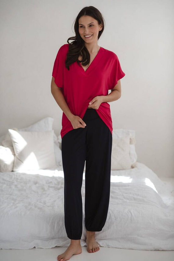 Bambusowa bluzka od piżamy ciążowej do karmienia krótki rękaw Moon Milk&Love malinowy