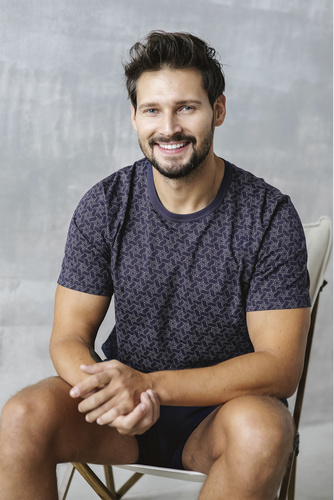 Piżama Męska krótki rękaw, spodenki Ricardo Italian Fashion - granatowy/druk