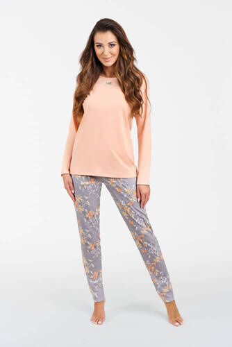 Piżama Damska długi rękaw, spodnie Kasali Italian Fashion - łosoś/druk