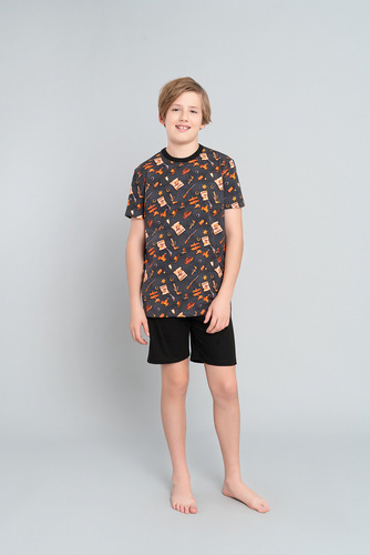 Piżama chłopięca krótki rękaw, spodnie Western Italian Fashion - grafit/czarny