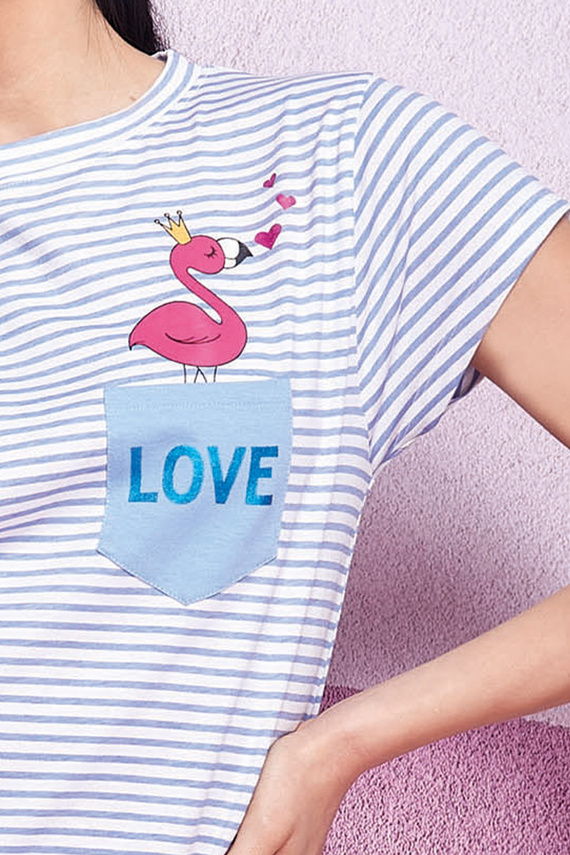 Koszula nocna damska Oxksana niebieska – bawełniana, z haftem i falbanką