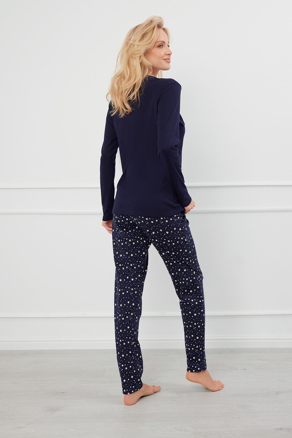 Rozpinana Piżama Damska długi rękaw, spodnie Libra Italian Fashion - granatowy/druk