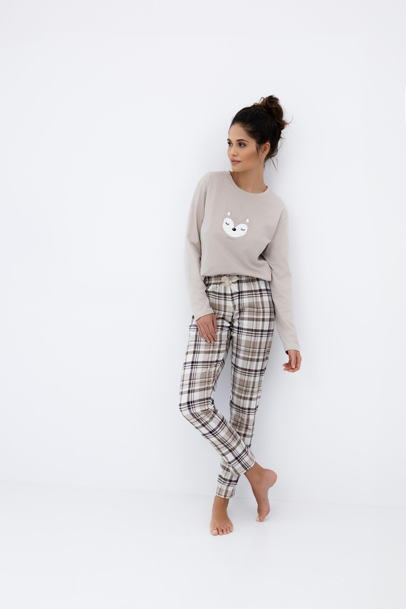 Sensis Tinsley – damska piżama bawełniana z nadrukiem i spodniami w kratkę