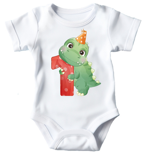 Body krótki rękaw "ROCZEK dla chłopca, dinozaur jedynka" Moocha biały