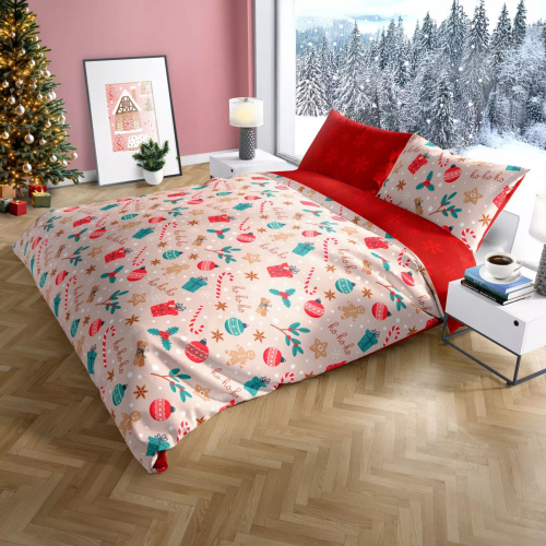 Scandic 082 Scandic Faro beżowo-czerwona z pierniczkami – pościel świąteczna dwustronna, bawełna 100%, komplet
