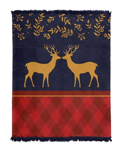 Koc świąteczny z frędzlami 092 JB renifery Detexpol granatowy/czerwony