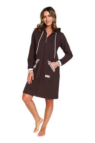 Bawełniany szlafrok damski z kapturem i zamkiem – wygoda na co dzień | Doctor Nap 4508 - brownie