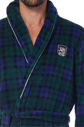 L&L 2456 BJ granatowy– męski szlafrok w kratkę, miękki z kieszeniami