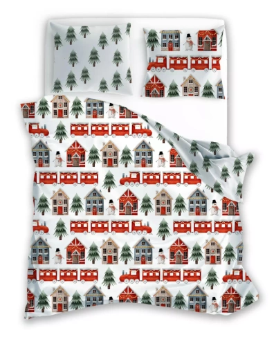 Scandic 075 Scandic Faro biała z motywem świątecznych domków  – pościel świąteczna dwustronna, bawełna 100%, komplet 