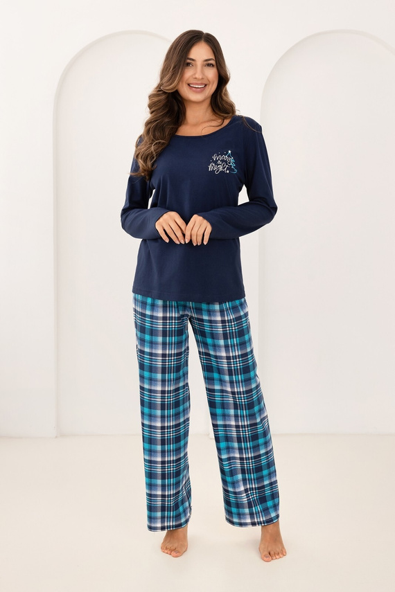 Regina 743 granatowa – damska piżama bawełniana z nadrukiem i spodniami w kratę