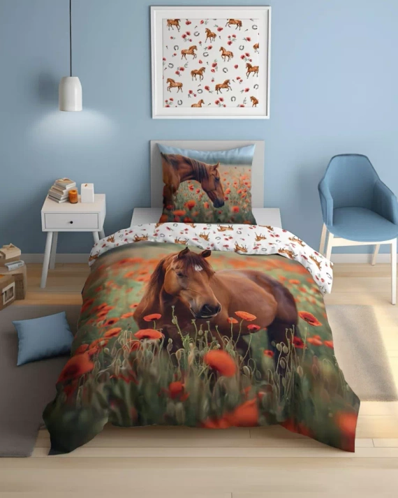 Pościel świecąca w ciemności 140x200 koń w makach 5550 A Fluo 95 + poszewka 70x90 | 100% bawełna | Dla dzieci