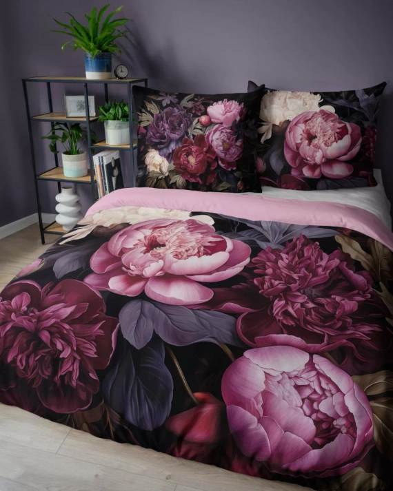 Detexpol Holland 5129 A pościel bawełniana czarna w piwonie w odcieniach bordo i różu– dwustronna, naturalna, 100% bawełna