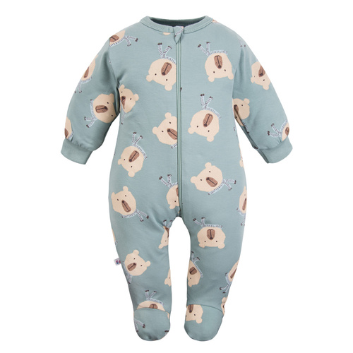 Bawełniany pajacyk niemowlęcy Eevi Beary Cool – szałwiowy, misie, ze stópkami