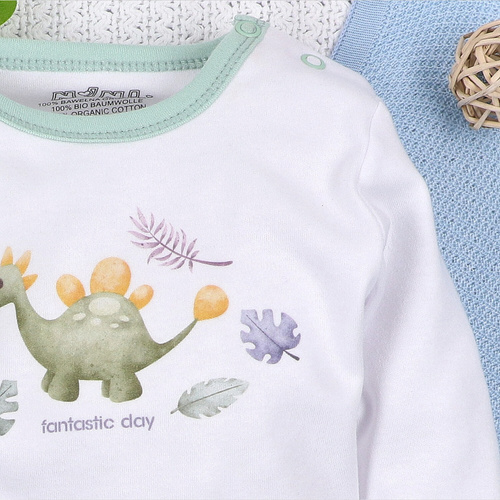 Body niemowlęce Dino Explorer Nini biały– bawełna organiczna, długi rękaw