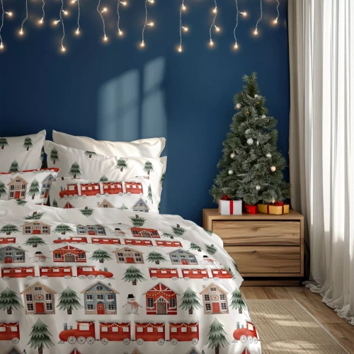 Scandic 075 Scandic Faro biała z motywem świątecznych domków  – pościel świąteczna dwustronna, bawełna 100%, komplet