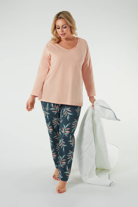 Piżama Damska długi rękaw i spodnie Julietta Italian Fashion - łososiowy/druk