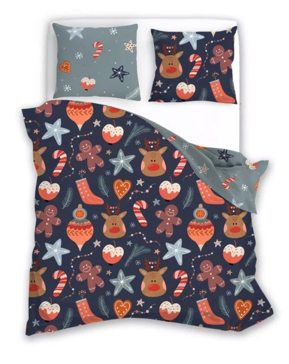 Holly Jolly 007 Faro Pościel świąteczna granatowa szara – miękka satynowa mikrofibra, komplet z poszewkami