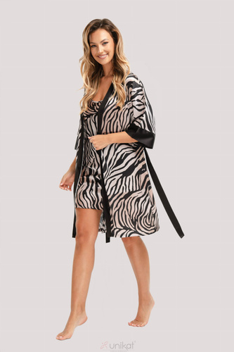 Unikat Braga – satynowy szlafrok damski zebra, elegancki, z czarną lamówką