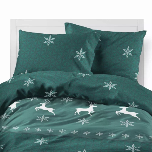 5621 B Magia Świąt Detexpol Pościel świąteczna flanelowa zzielona w renifery i śnieżynki– bawełna 100%, certyfikat OEKO-TEX®