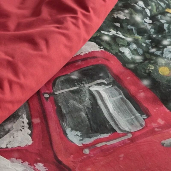 Eurofirany pościel świąteczna Vinti – czerwona kratka, bawełna 100%, motyw samochodu