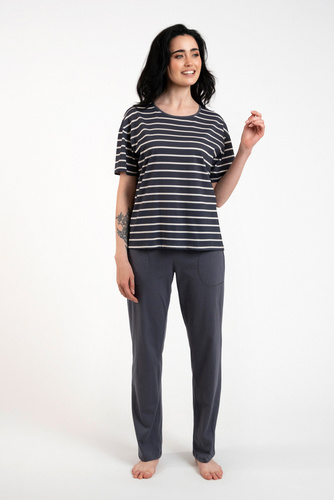 Piżama Damska krótki rękaw, długie spodnie Betty Italian Fashion - druk grafitowy/grafitowy