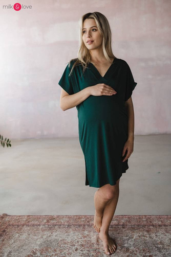 Bambusowa koszula nocna ciążowa i do karmienia Moon Milk&Love butelkowa zieleń