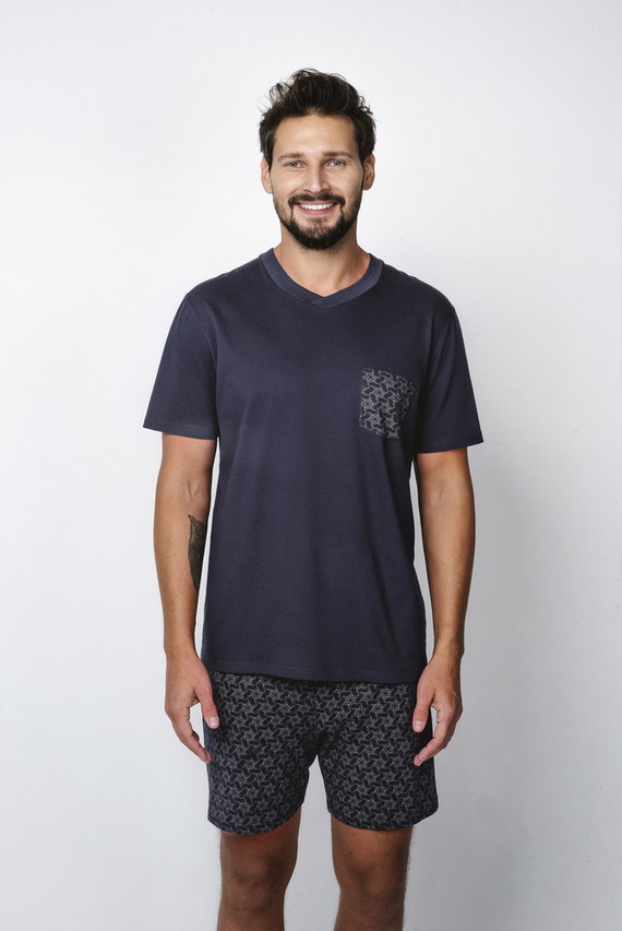 Piżama Męska krótki rękaw, spodenki Diaz Italian Fashion - granatowy/druk