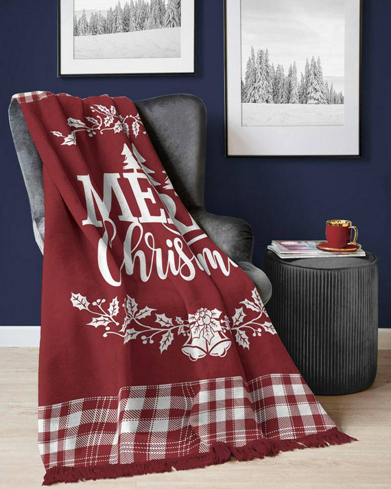 Koc świąteczny z frędzlami 103 JB Merry Christmas Detexpol czerwony 