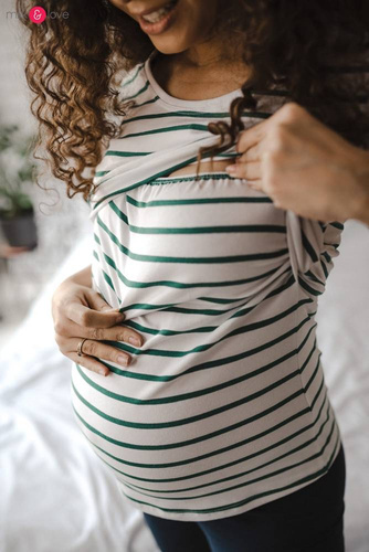 Bluzka do karmienia i ciążowa z krótkim rękawem Milk Shirt Milk&Love w biało-zielone paski