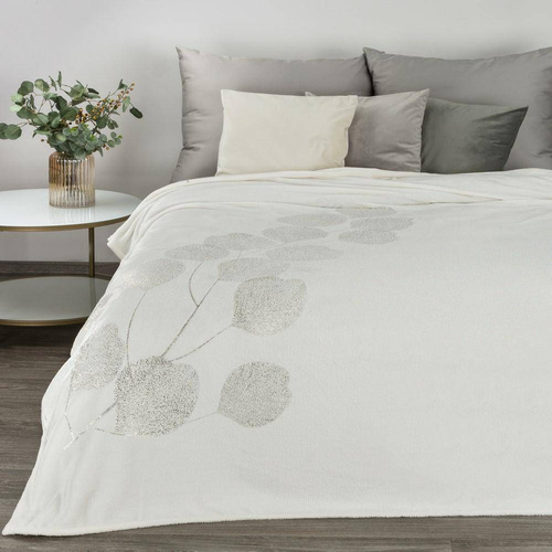 Koc narzuta z mikrofibry z błyszczącym nadrukiem liści Ginko 2 Eurofirany miodowy