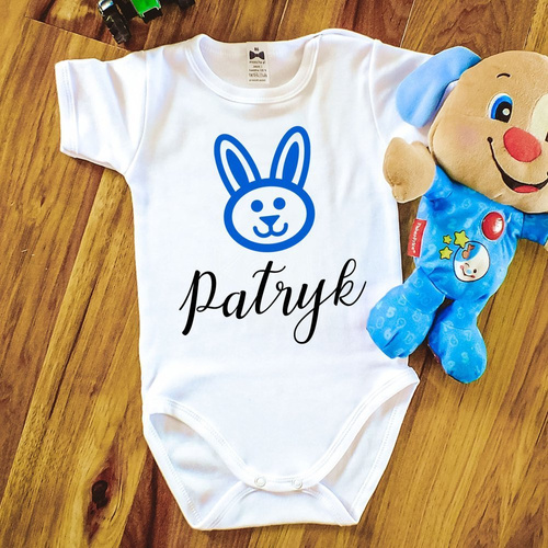 "Wielkanoc z imieniem niebieskie" body krótki rękaw Moocha białe
