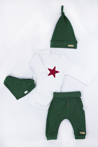 163060 Komplet czapka, body, apaszka i spodnie "Magia Świąt" Nicol - zielony / gwiazdka