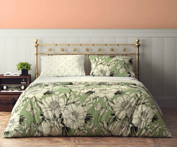 Pościel bawełniana Flovery 002 kwiaty Faro zielony