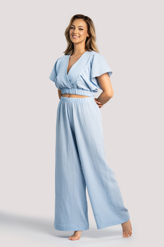 Komplet muślinowy damski Tola Unikat – bluzka i spodnie niebieskie