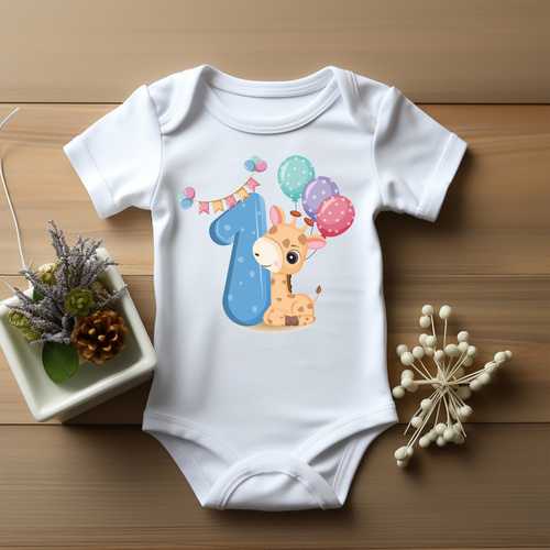 Body krótki rękaw "ROCZEK dla dziewczynki/chłopca z żyrafą i jedynką" Moocha biały