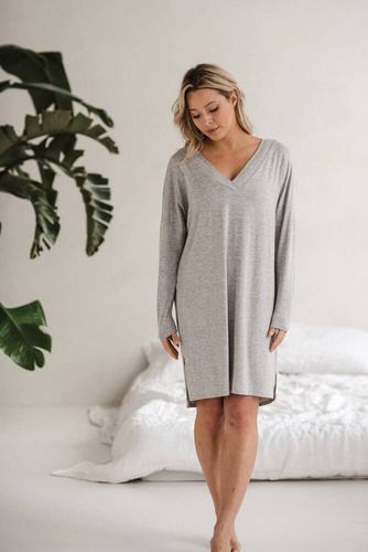 Bambusowa koszula nocna ciążowa i do karmienia długi rękaw Moon Milk&Love jasny szary